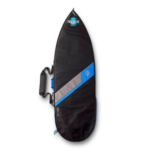 Balin Tour Surfboard Cover, black exterior with blue diagonal panels and carry handle