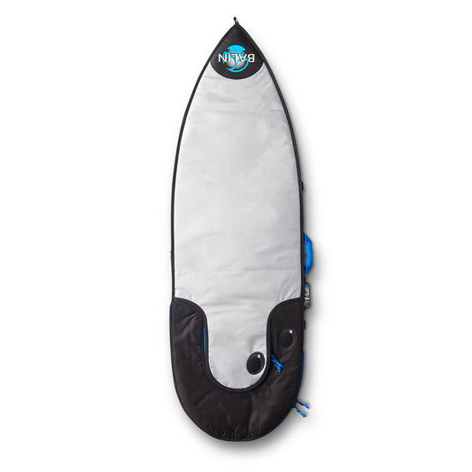 Balin Tour Surfboard Cover, silver cover side with black tail panel, blue accents and two round vents