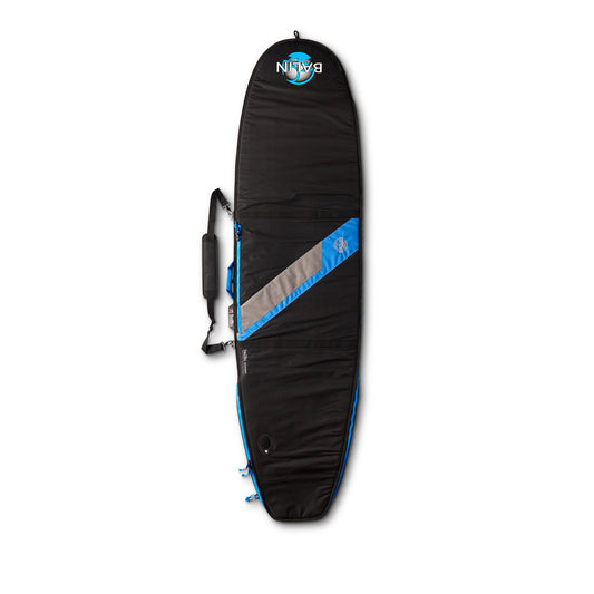 Balin Tour Longboard Cover, black exterior with blue diagonal panels and carry handle