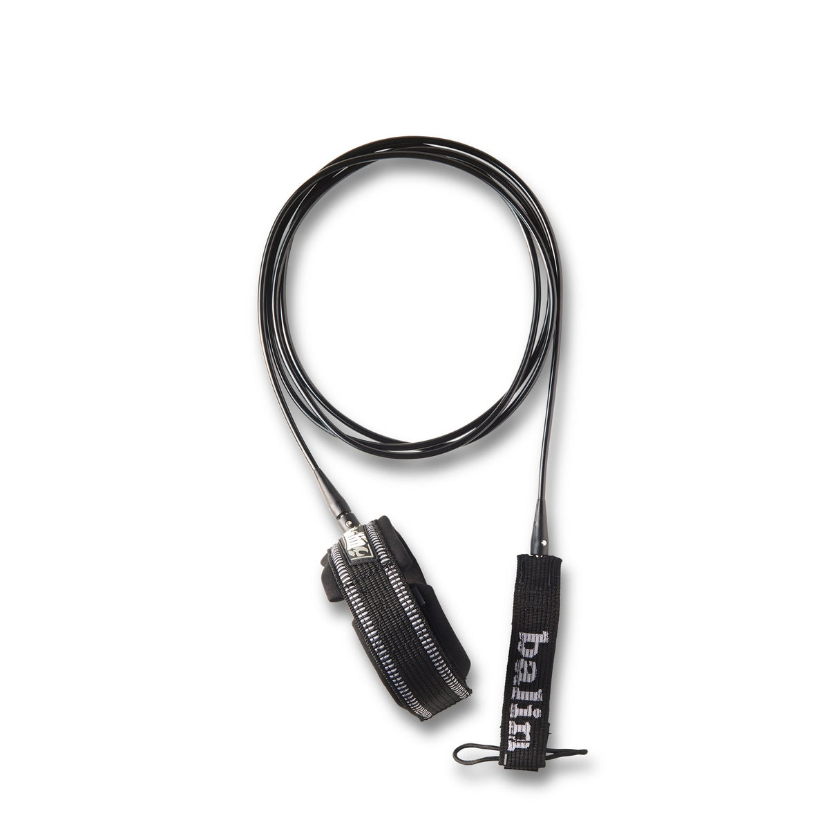 Balin Longboard Comp 5.5mm Leash 9ft, black leash arranged in a loop with cuff and board attachment visible