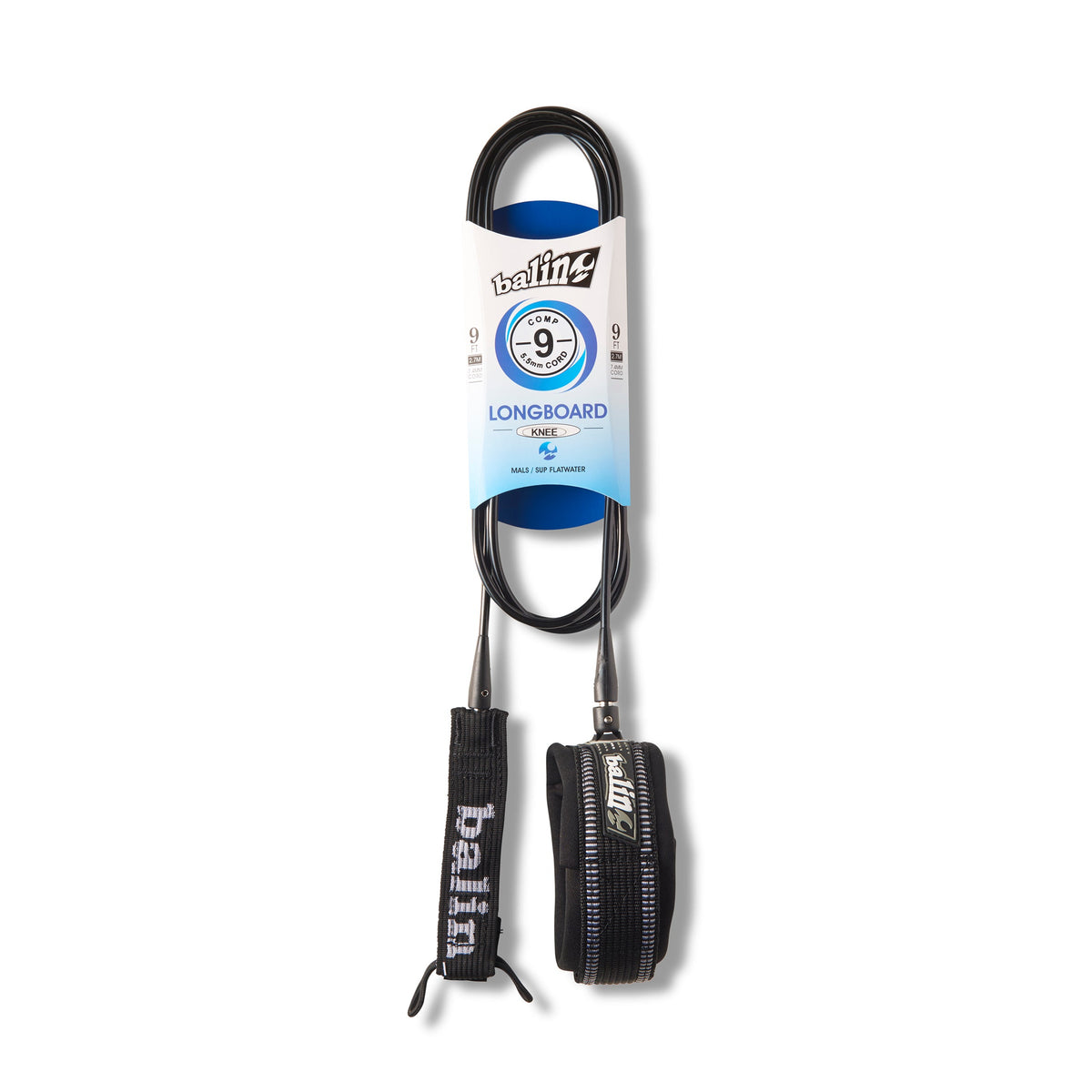 Balin Longboard Comp 5.5mm Leash 9ft, packaged leash with cuff and cord visible