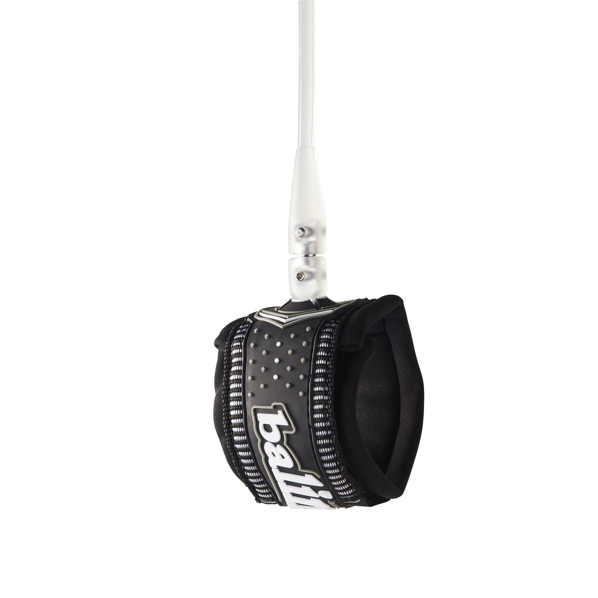 Balin Longboard Comp 5.5mm Leash 9ft, black ankle cuff with white Balin lettering and clear cord connection