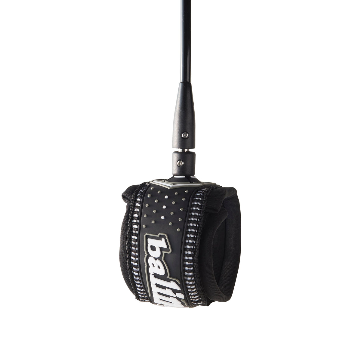 Balin Longboard Comp 5.5mm Leash 9ft, black ankle cuff with white Balin lettering and black cord connection