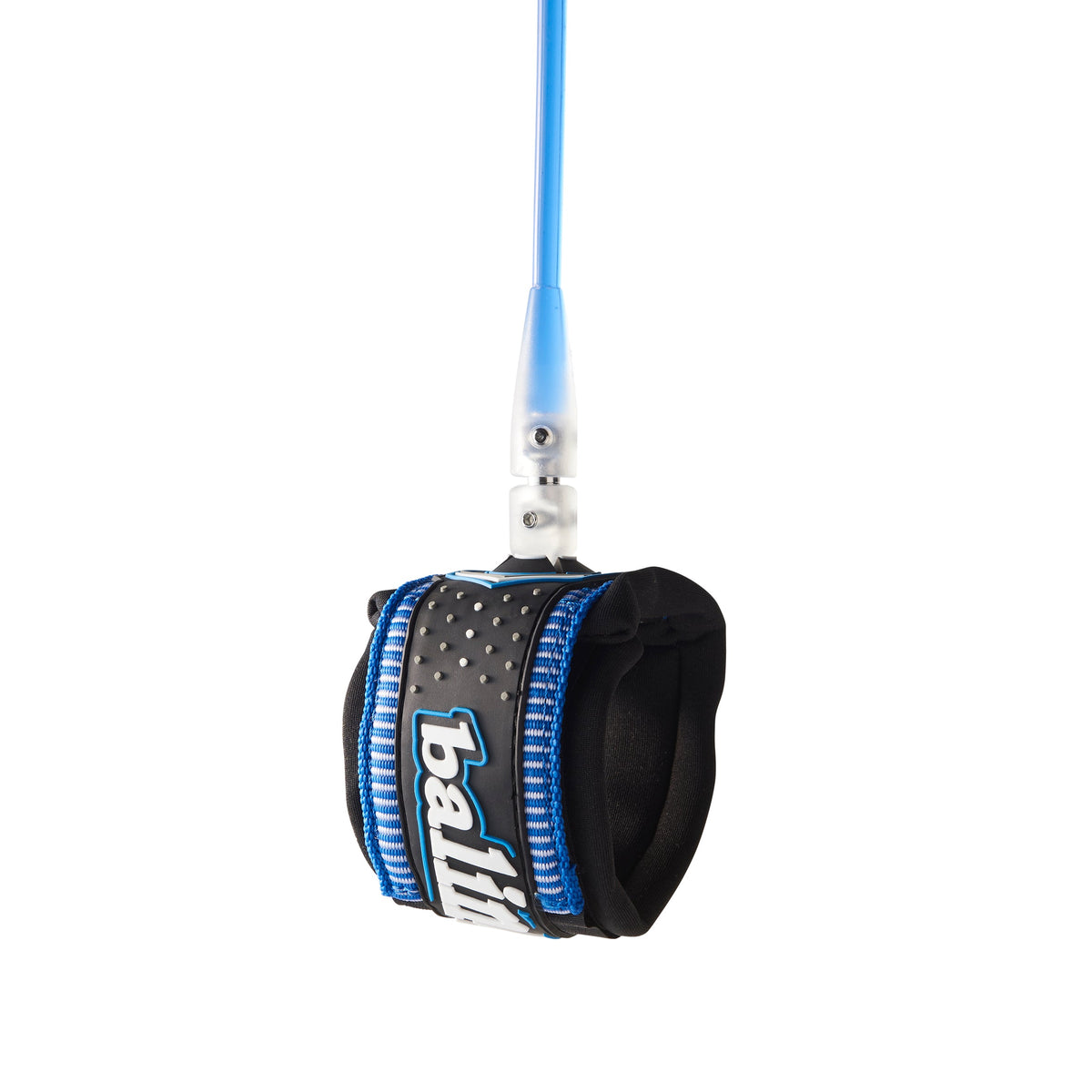 Balin Longboard Comp 5.5mm Leash 9ft, black ankle cuff with blue trim and blue cord connection