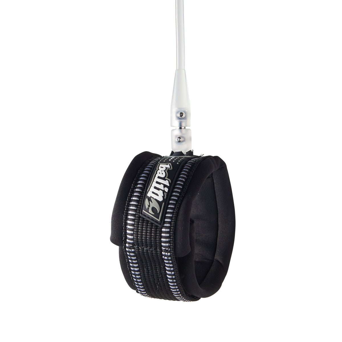 Balin Longboard Comp 5.5mm Leash 9ft, elongated black knee cuff with white Balin lettering and clear cord connection