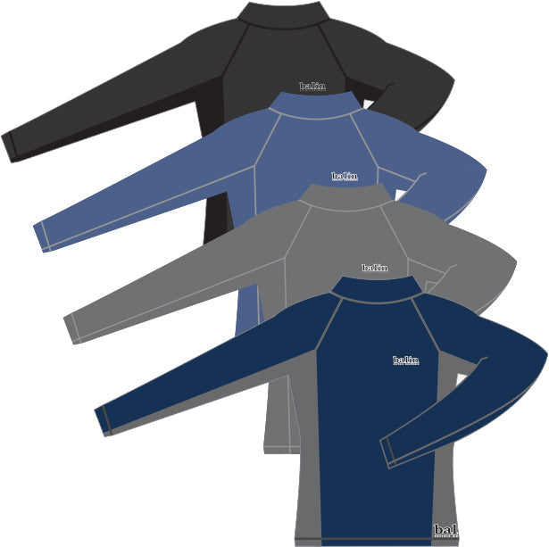 Balin Grimmo Adult Rash Shirt, illustration of long-sleeve rash shirts in black, blue and grey shades