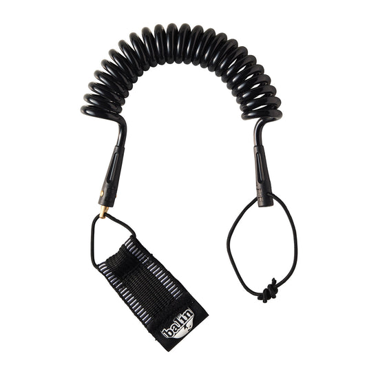Balin Surf Ski Paddle Coil 8mm, black coiled paddle leash with webbing attachment and cord loop