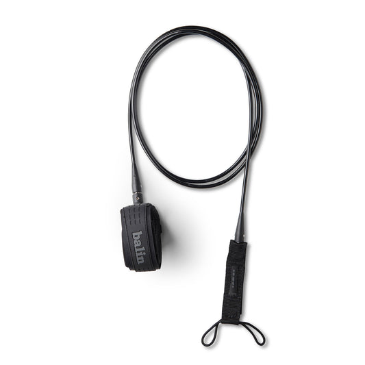 Balin Storm 10mm SUP Surf Leash, black leash arranged in a loop with cuff and board attachment visible
