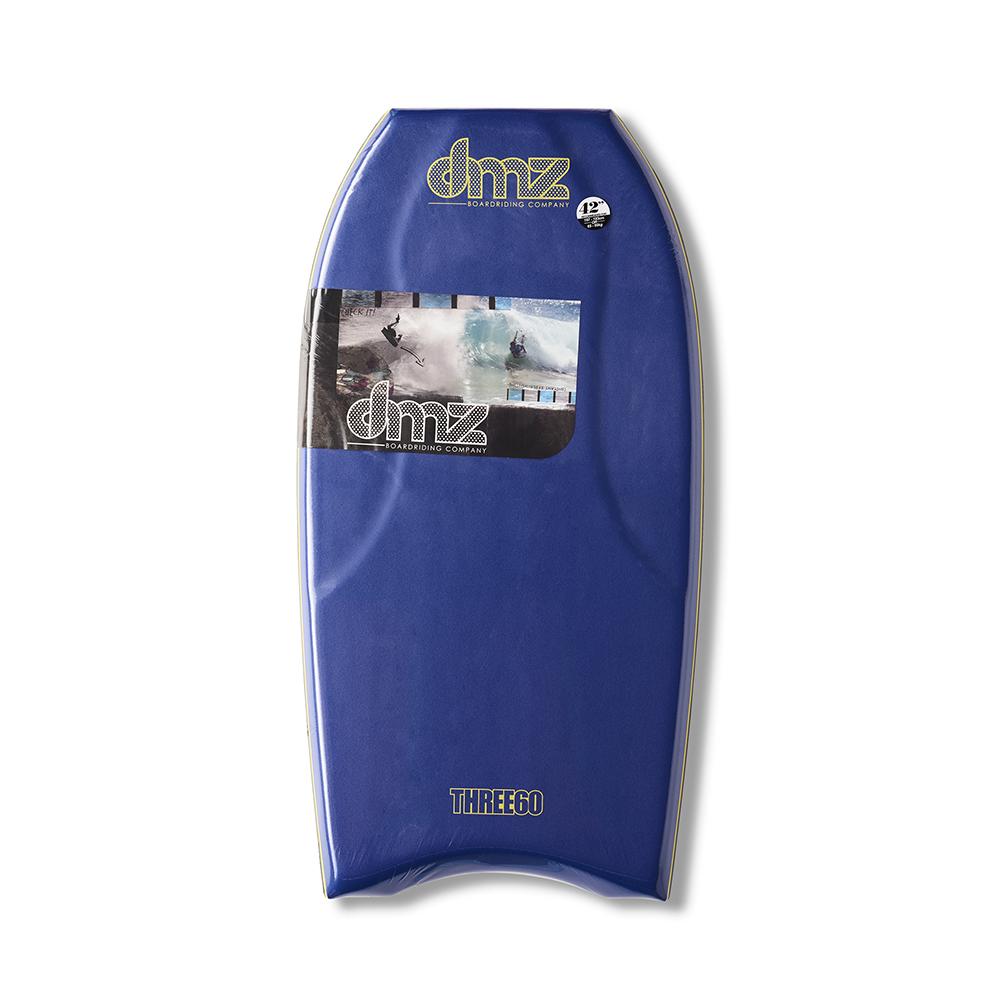 DMZ THREE60 Bodyboard, blue deck view with DMZ graphic
