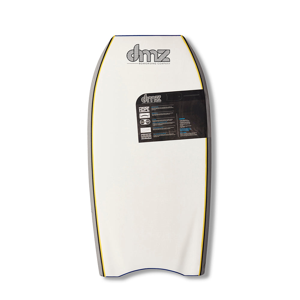 DMZ THREE60 Bodyboard, cream reverse face with yellow edging, DMZ logo and product label