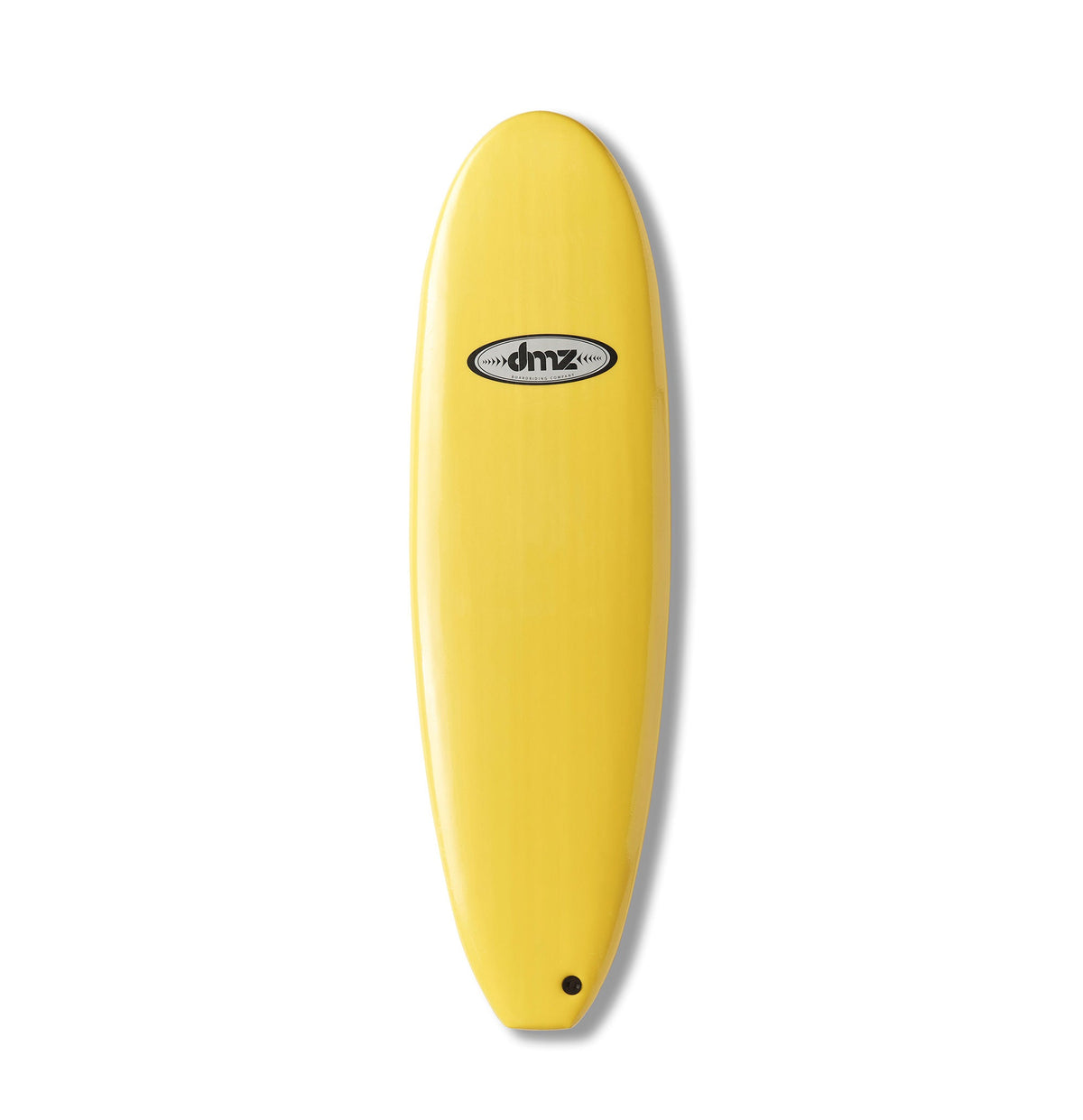 DMZ 6'6" Softboard, yellow deck with oval DMZ logo and dark leash plug
