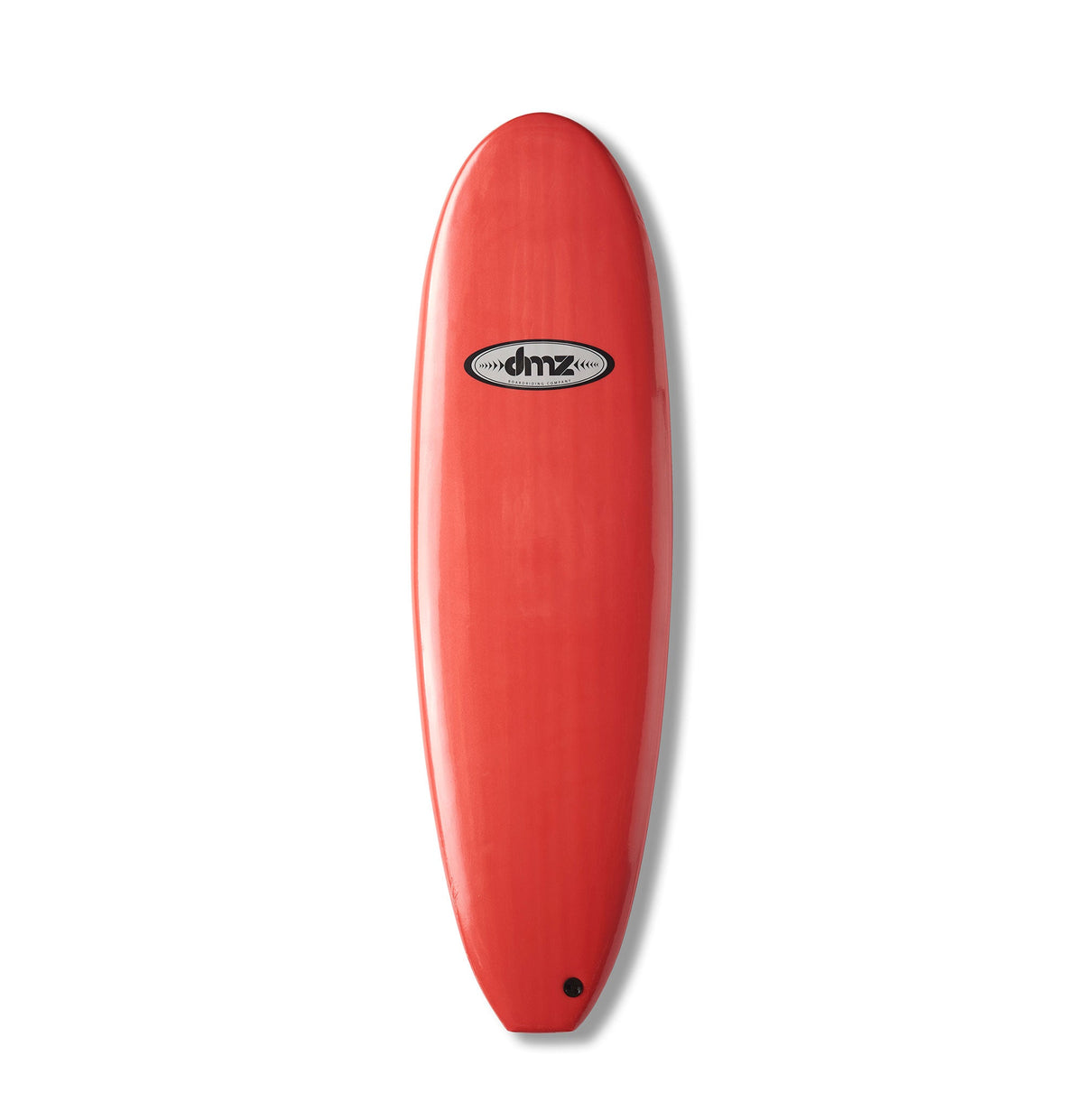 DMZ 6'6" Softboard, red deck with oval DMZ logo and dark leash plug
