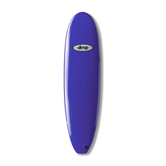 DMZ 7'0" Softboard, blue deck with oval DMZ logo and dark leash plug