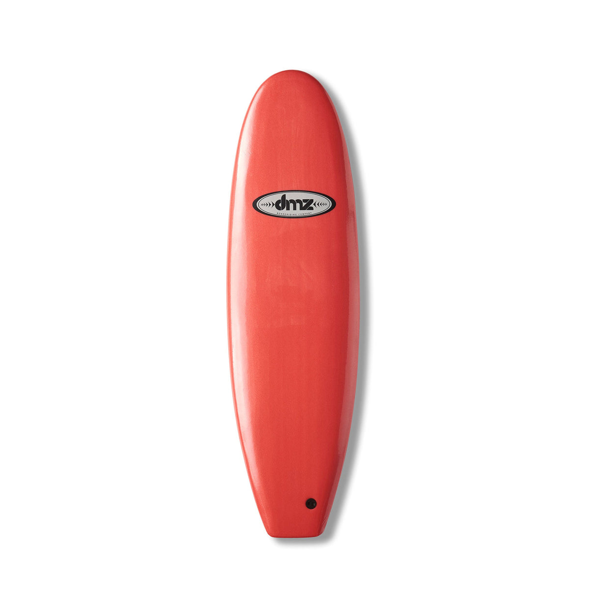 DMZ 6'0" Softboard, red deck with oval DMZ logo and dark leash plug