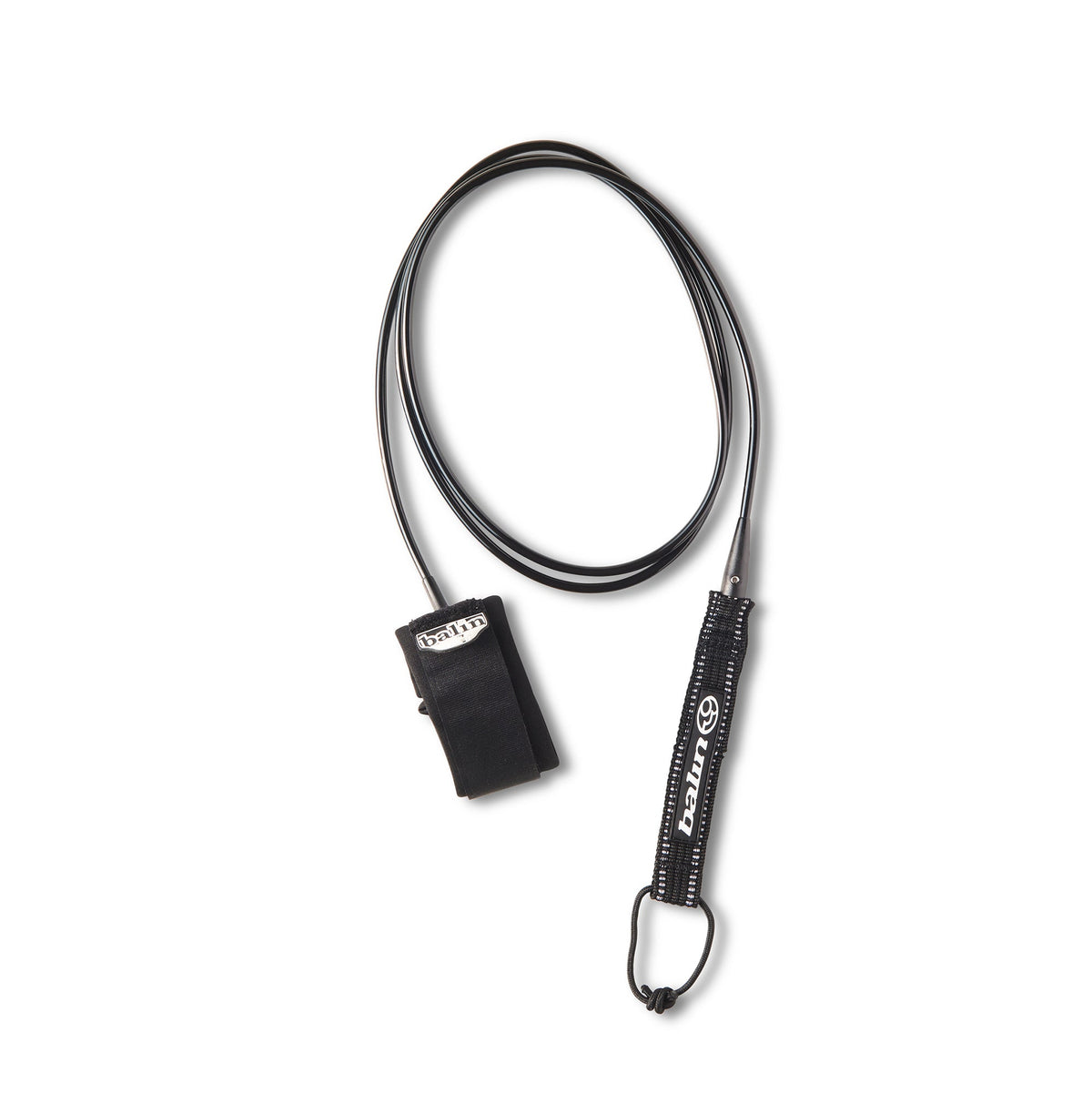Balin Kirra 5.5mm Surfboard Leash, black leash laid out with cuff and rail saver