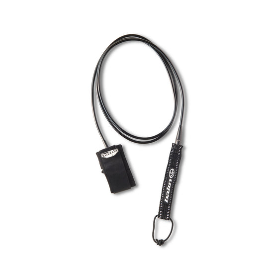 Balin Kirra 5.5mm Surfboard Leash, black leash laid out with cuff and rail saver