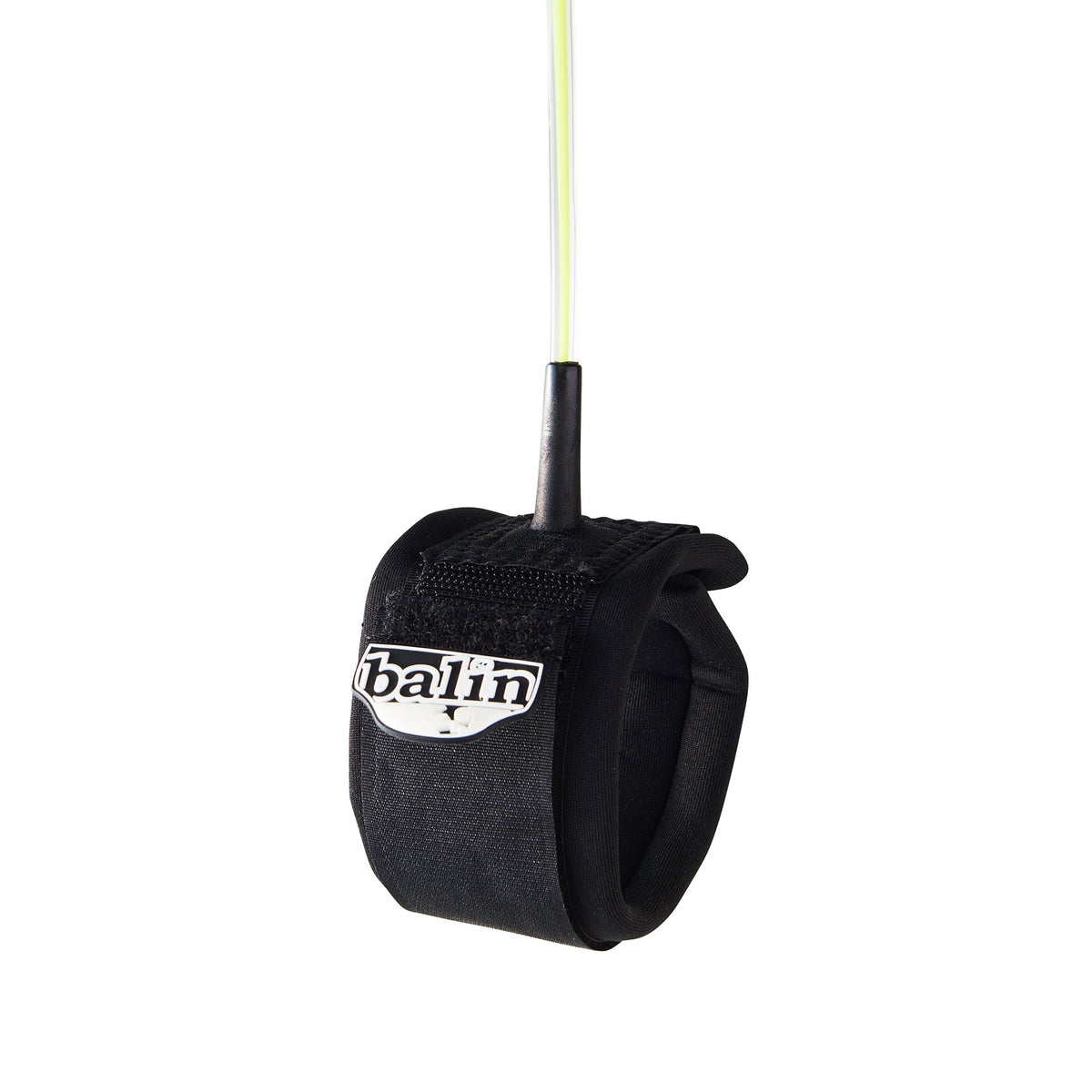Balin Kirra 5.5mm Surfboard Leash, black cuff with white Balin badge and yellow-green-centred clear cord