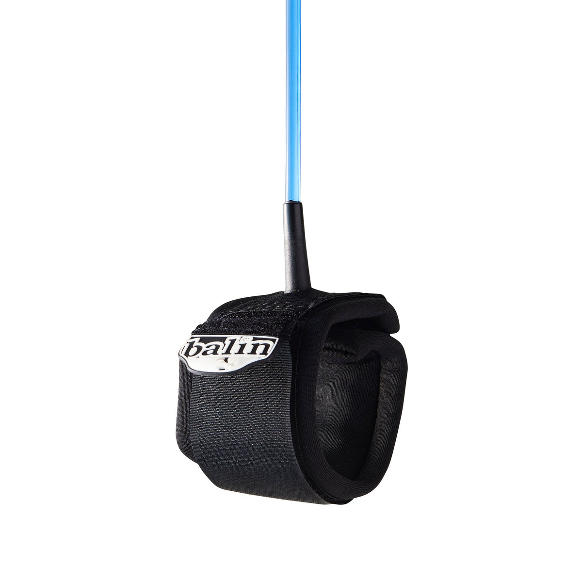 Balin Kirra 5.5mm Surfboard Leash, black cuff with white Balin badge and blue cord