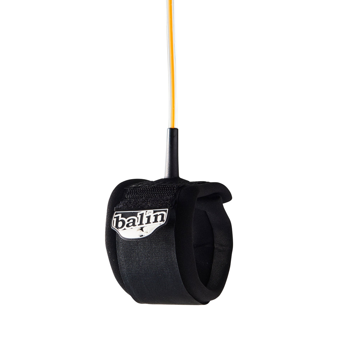 Balin Kirra 5.5mm Surfboard Leash, black cuff with white Balin badge and orange-centred clear cord