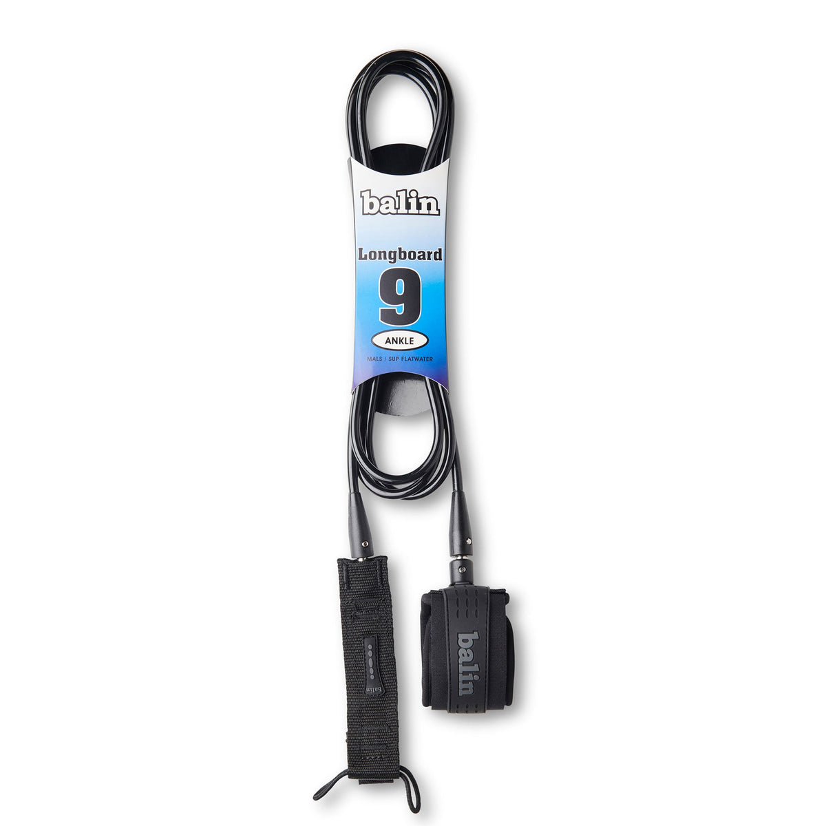 Balin Longboard 7.4mm Leash, packaged leash with cuff and cord visible