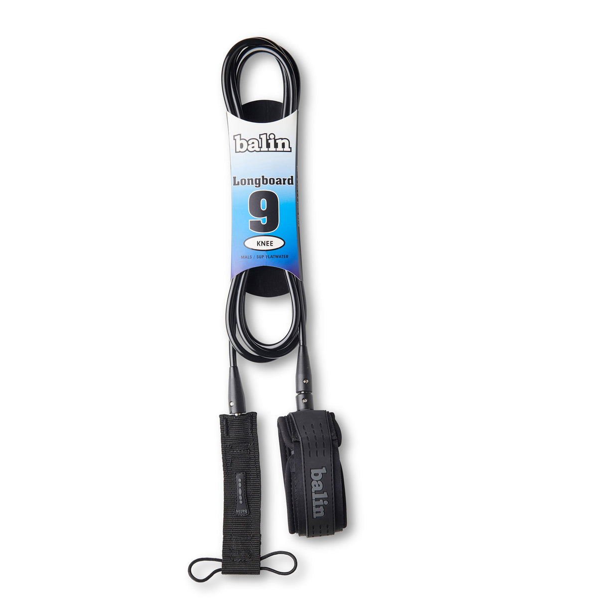 Balin Longboard 7.4mm Leash, packaged black leash with Longboard 9 Knee label