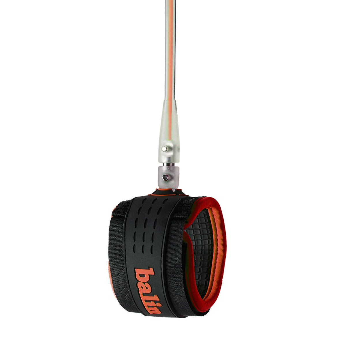 Balin Longboard 7.4mm Leash, black-and-orange cuff with orange-centred clear cord, front view