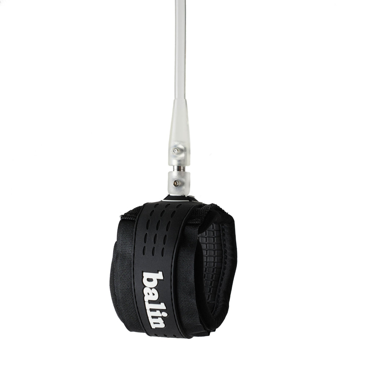 Balin Longboard 7.4mm Leash, black cuff with white logo and clear cord, front view