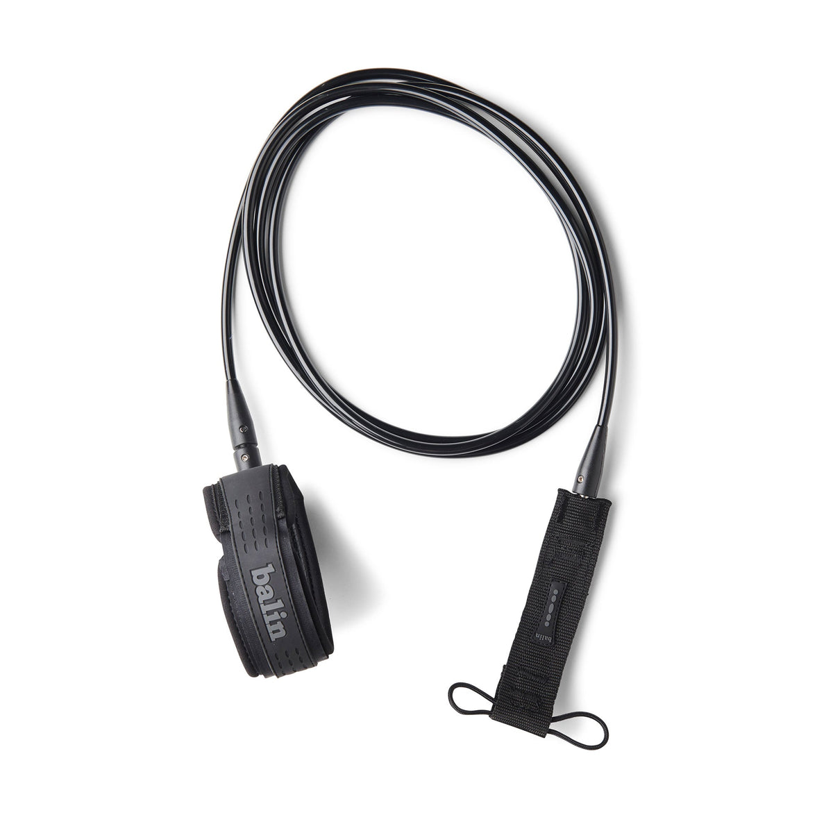 Balin Longboard 7.4mm Leash, black leash laid out with cuff and rail saver