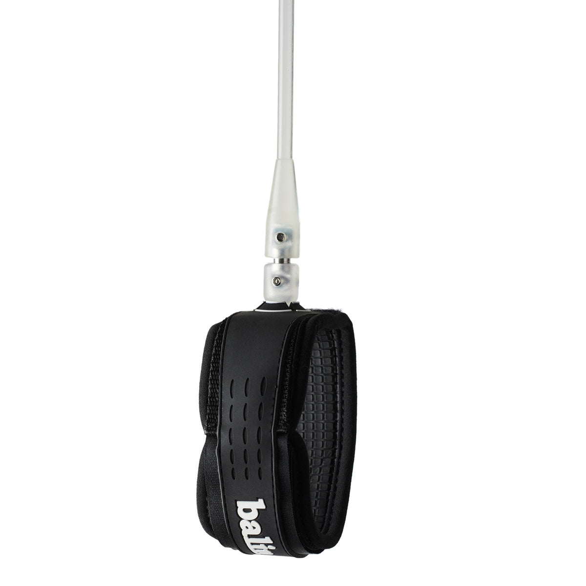 Balin Longboard 7.4mm Leash, black cuff with white logo and clear cord, side view