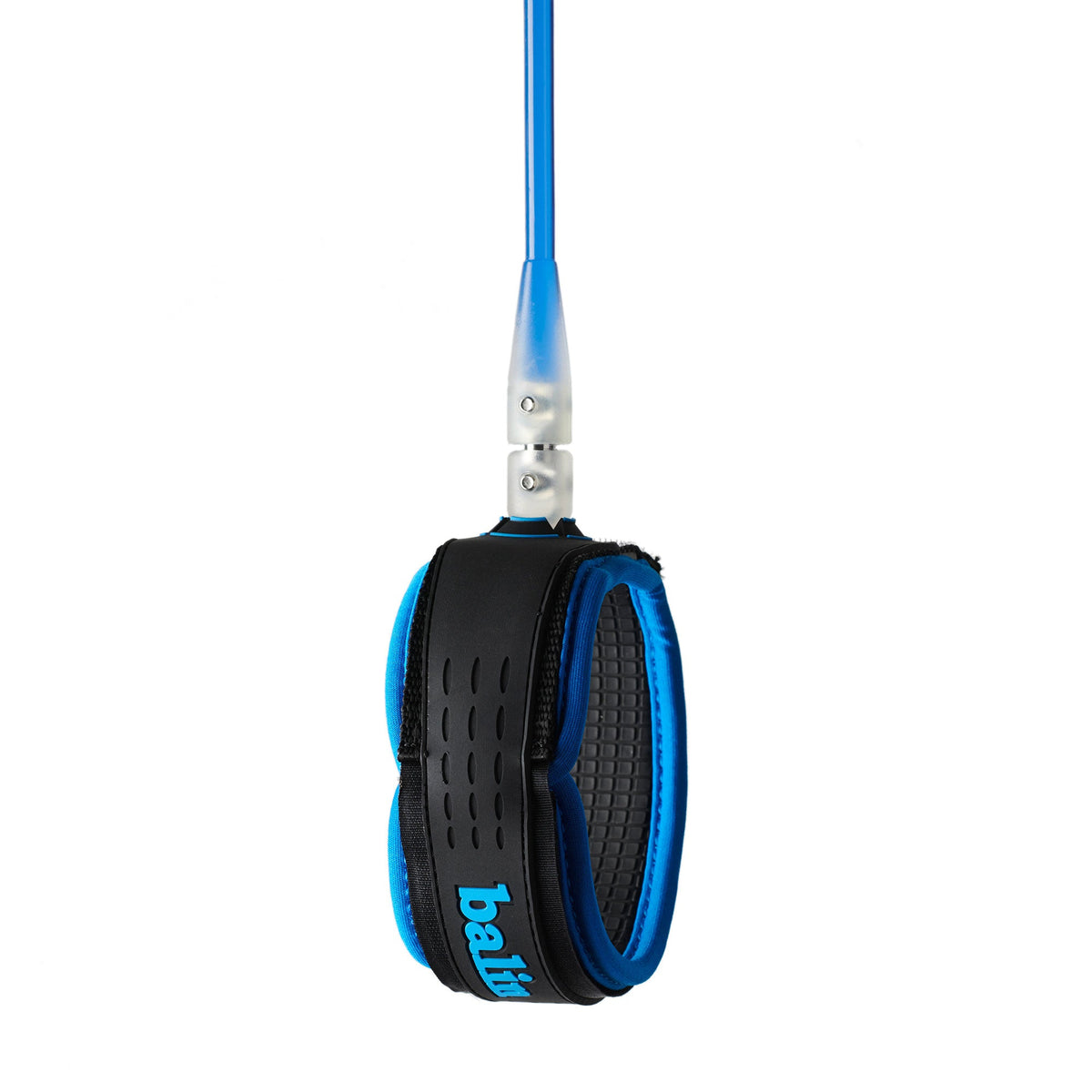 Balin Longboard 7.4mm Leash, black-and-blue cuff with blue cord, side view
