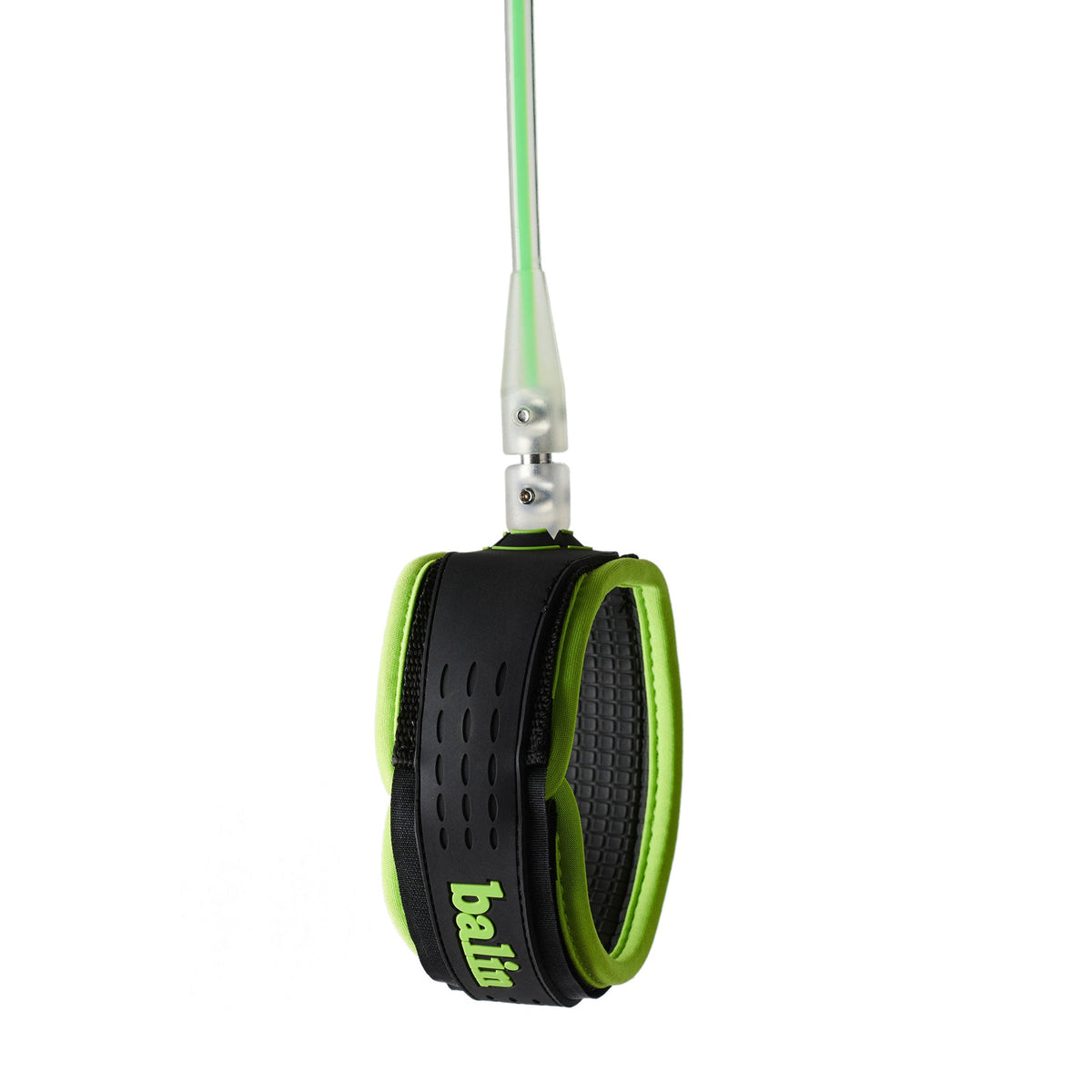 Balin Longboard 7.4mm Leash, black-and-lime cuff with lime-centred clear cord, side view