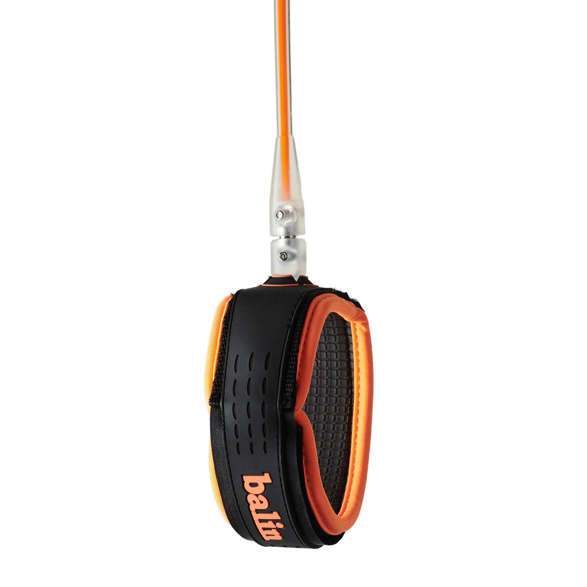 Balin Longboard 7.4mm Leash, black-and-orange cuff with orange-centred clear cord, side view