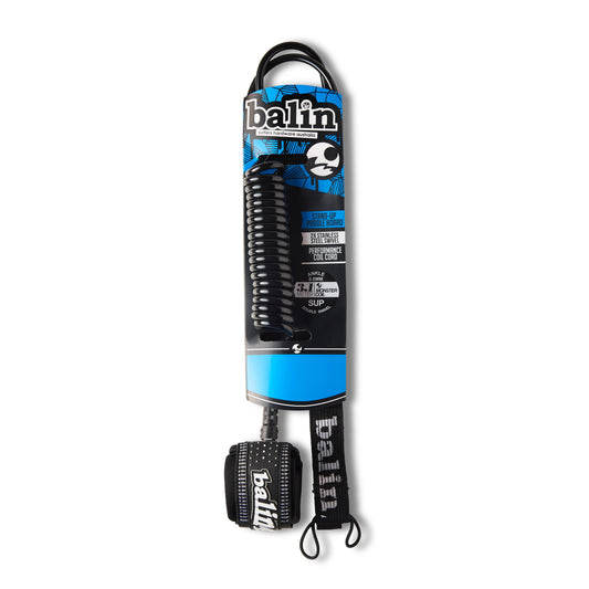 Balin Monster Coil 8.0mm SUP Leash, packaged coil with cuff and cord visible