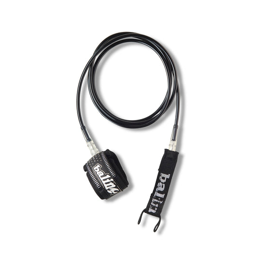 Balin Wave Rider 8.0mm SUP Leash, black leash laid out with cuff and rail saver