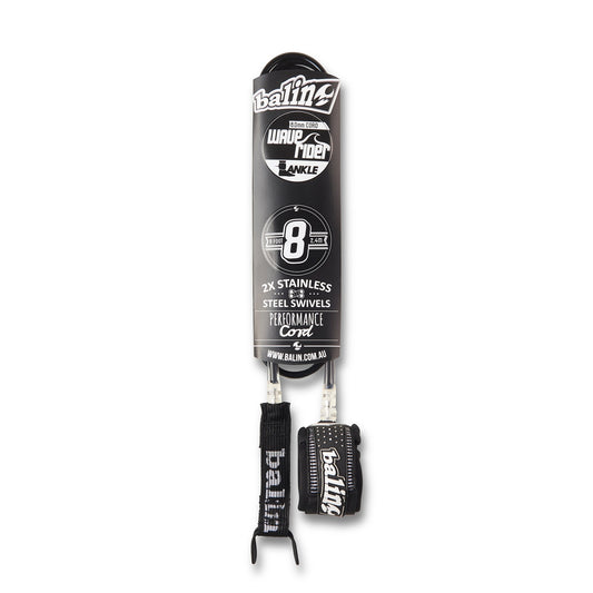 Balin Wave Rider 8.0mm SUP Leash, packaged leash with cuff and cord visible