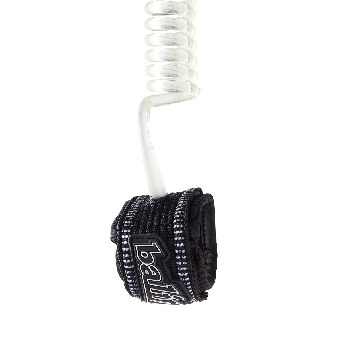 Balin Deluxe Wrist Coil 7.0mm Bodyboard Leash, black wrist cuff and clear coiled cord, close-up