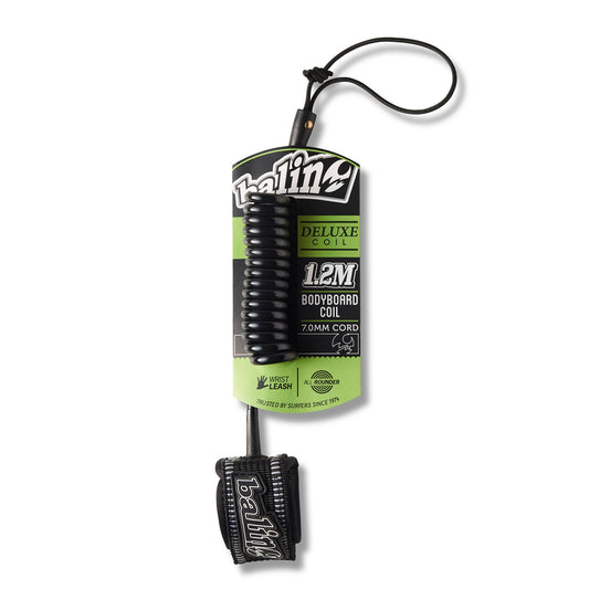 Balin Deluxe Wrist Coil 7.0mm Bodyboard Leash, packaged wrist coil with cuff and cord visible