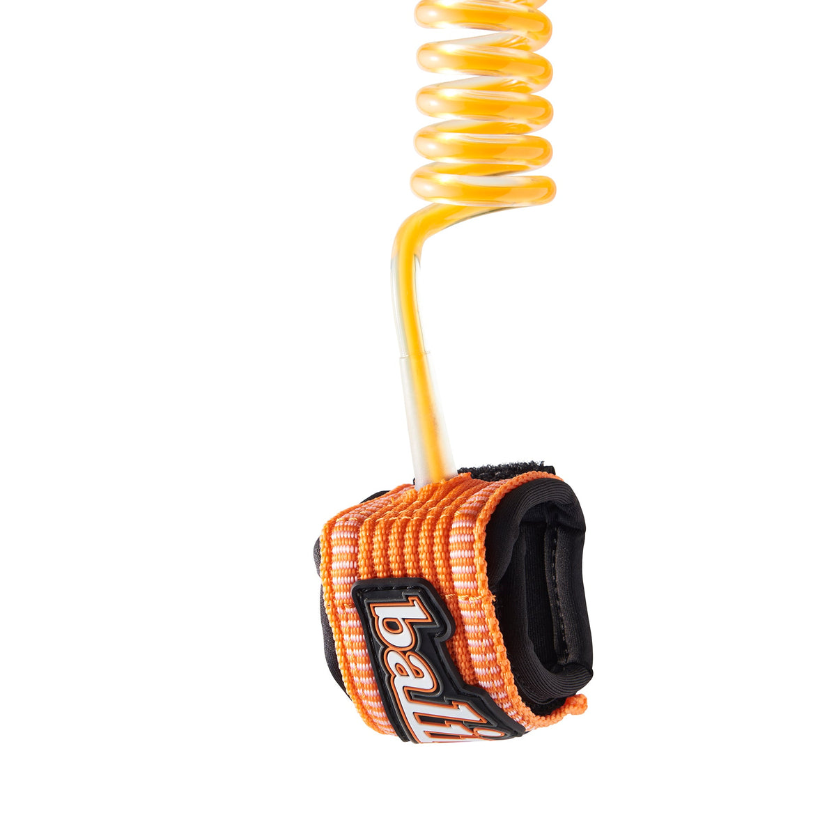 Balin Deluxe Wrist Coil 7.0mm Bodyboard Leash, orange wrist cuff and orange coiled cord, close-up