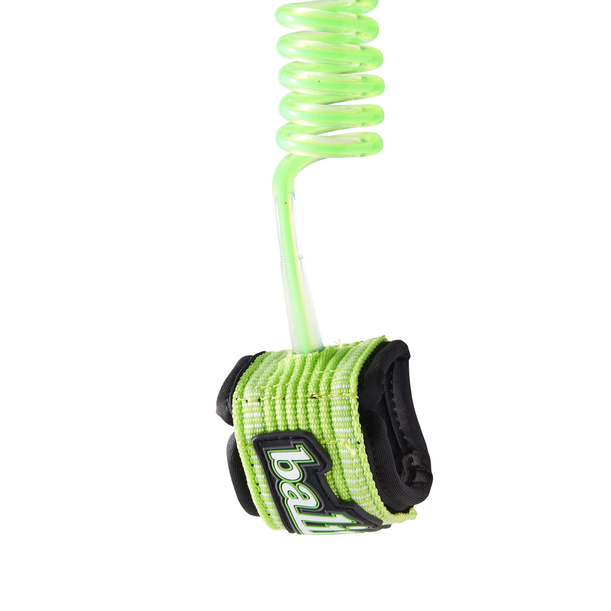 Balin Deluxe Wrist Coil 7.0mm Bodyboard Leash, lime wrist cuff and lime coiled cord, close-up