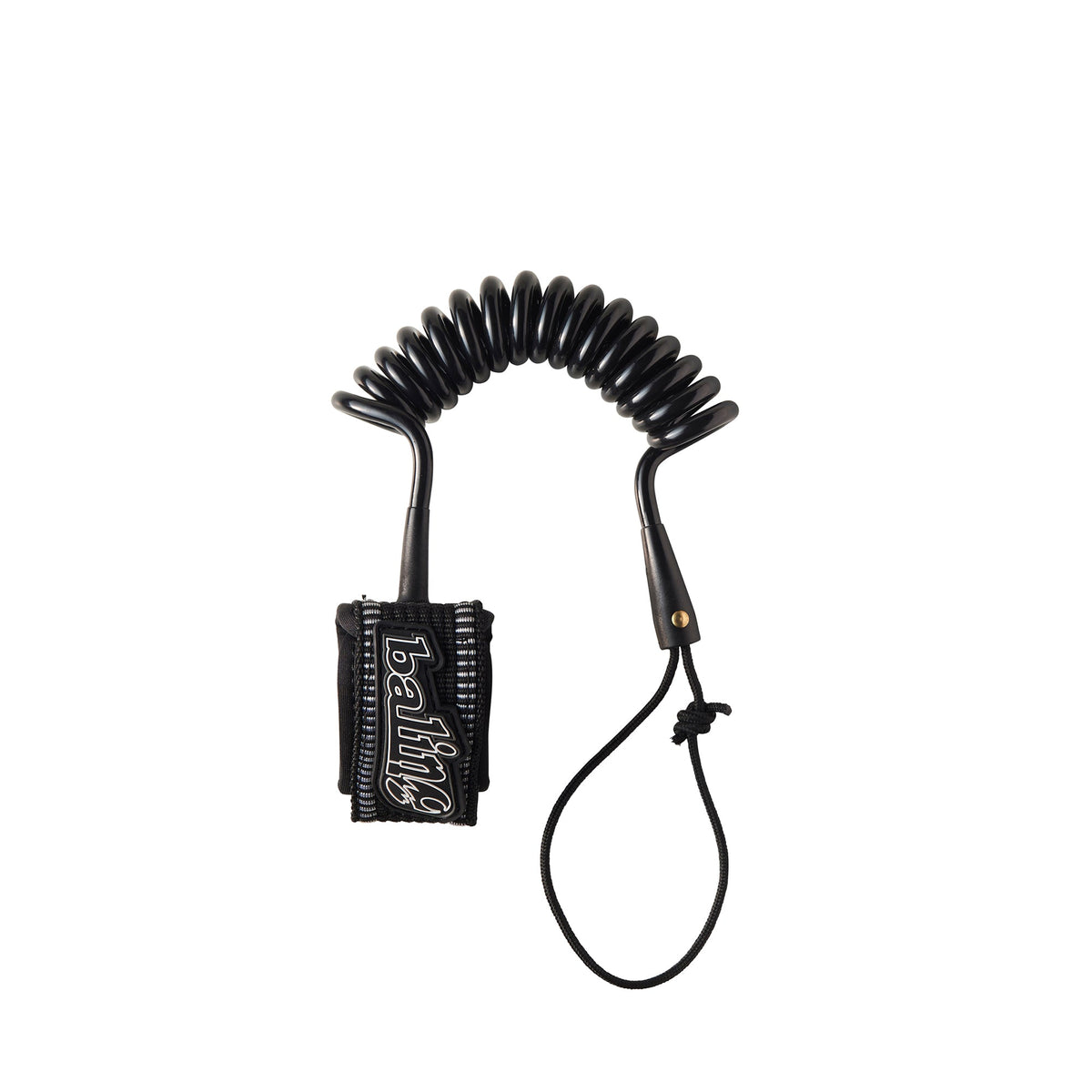 Balin Deluxe Wrist Coil 7.0mm Bodyboard Leash, black coiled leash laid out with wrist cuff and cord loop