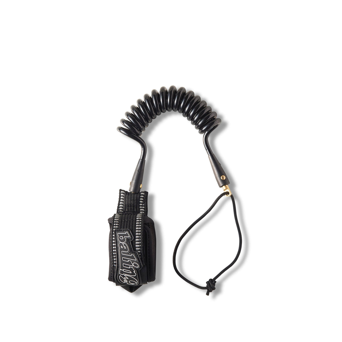 Balin Double Deluxe Wrist Coil 7.0mm Bodyboard Leash, black coiled leash laid out with extended cuff strap and cord loop