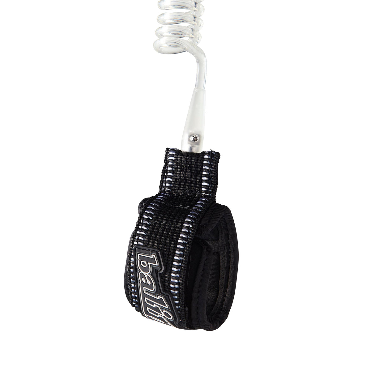 Balin Double Deluxe Wrist Coil 7.0mm Bodyboard Leash, black wrist cuff with extended strap and clear coiled cord