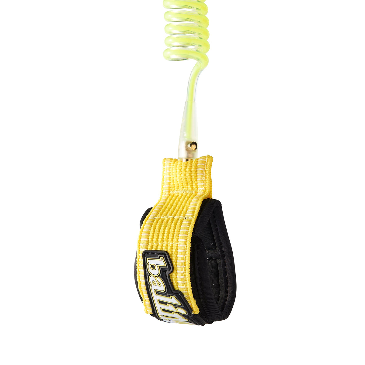 Balin Double Deluxe Wrist Coil 7.0mm Bodyboard Leash, yellow wrist cuff with extended strap and yellow-green coiled cord