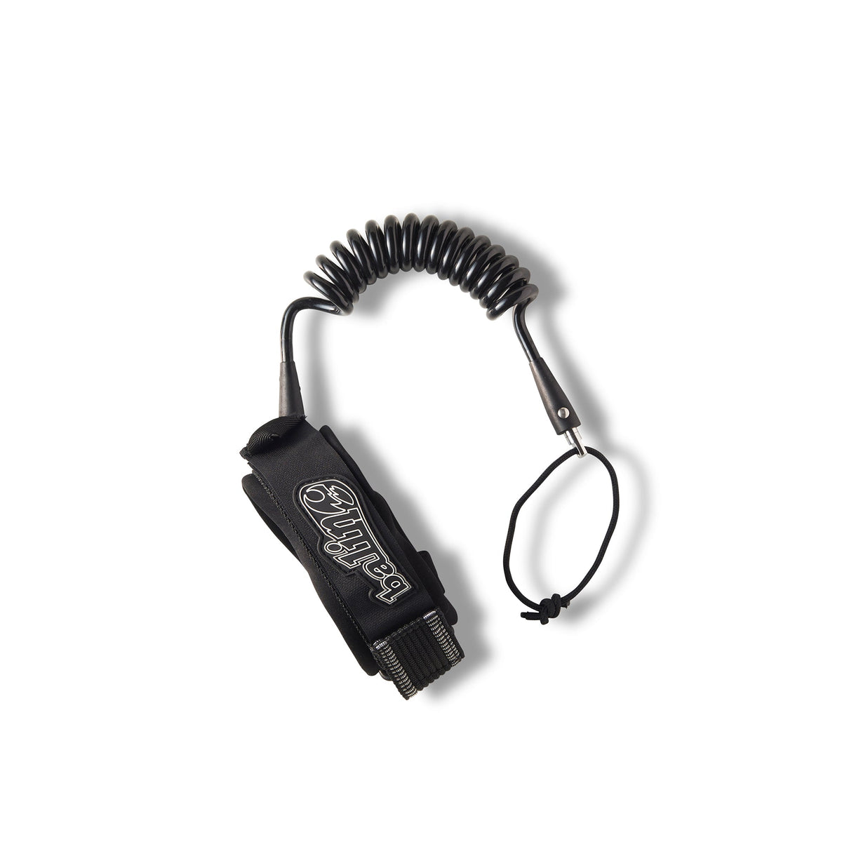 Balin Shackle Bicep Coil 7.0mm Bodyboard Leash, black coiled leash laid out with broad cuff and cord loop