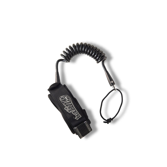 Balin Shackle Bicep Coil 7.0mm Bodyboard Leash, black coiled leash laid out with broad cuff and cord loop