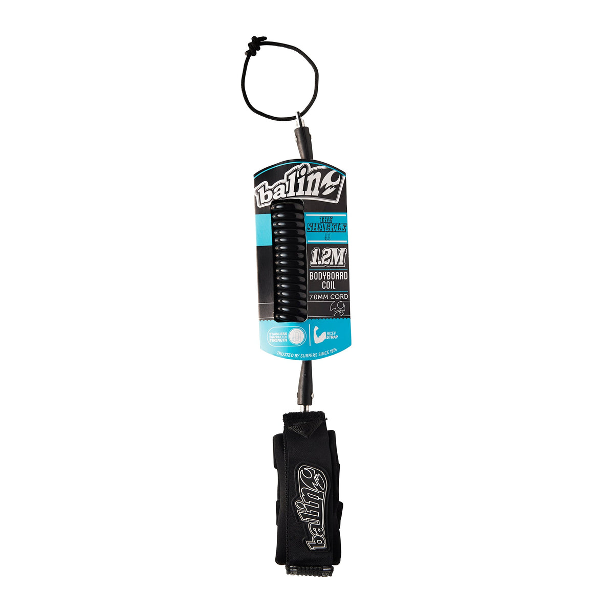 Balin Shackle Bicep Coil 7.0mm Bodyboard Leash, packaged bicep coil with cuff and cord visible