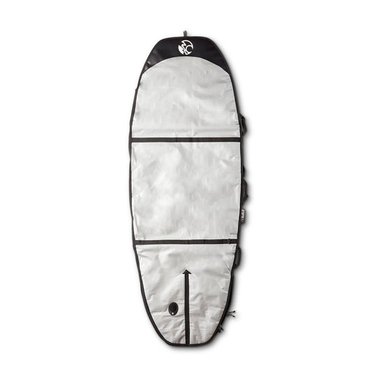 Balin SUP Jelly Bean Foil Board Cover, silver cover side with black trim, transverse straps and a long lower opening