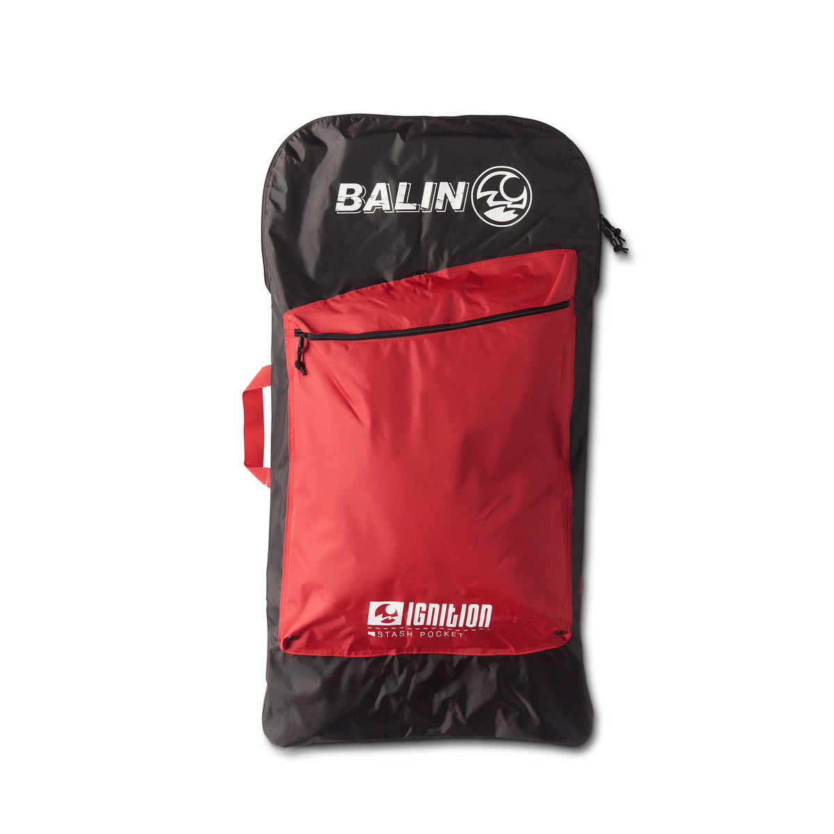 Balin Ignition Bodyboard Bag, black-and-red bag with large front zip pocket