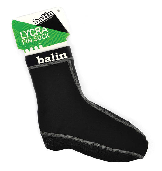 Balin Fin Sox Plush Lycra, side view of black Lycra fin sock with packaging