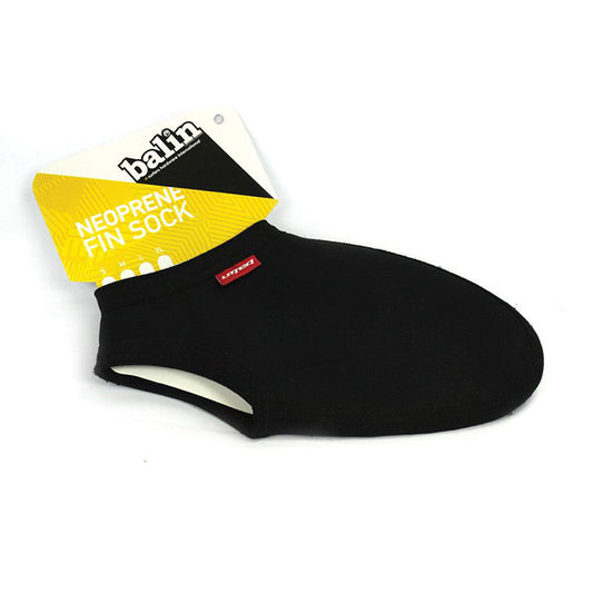 Balin Fin Sox 2mm Neoprene Short Open Ankle, side view of short black open-ankle fin sock with packaging